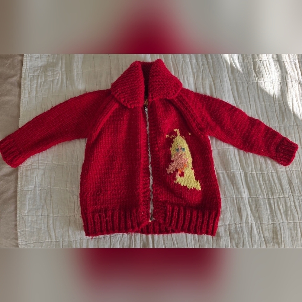 Vintage 70s Bird Bird hand knit Full Zip Collared sweater cardigan 3t-4t Red